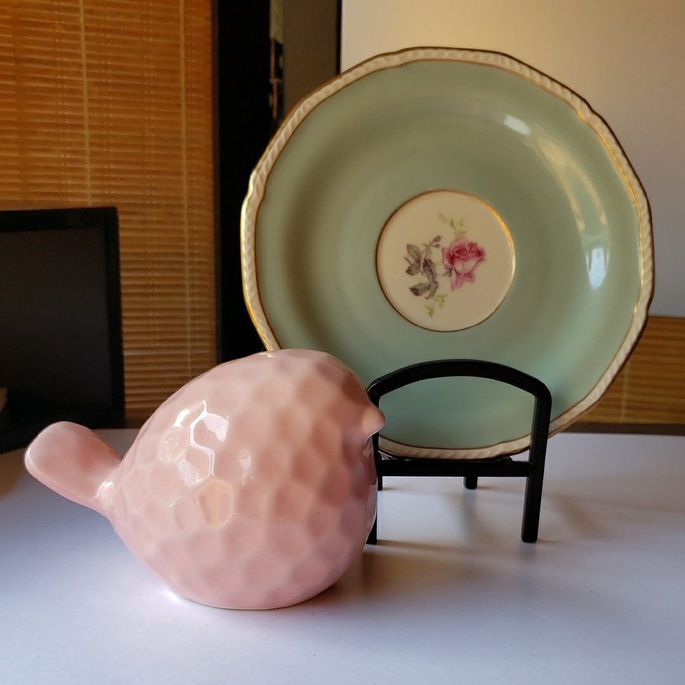 Ceramic Bird Figurine with Vintage Floral Plate